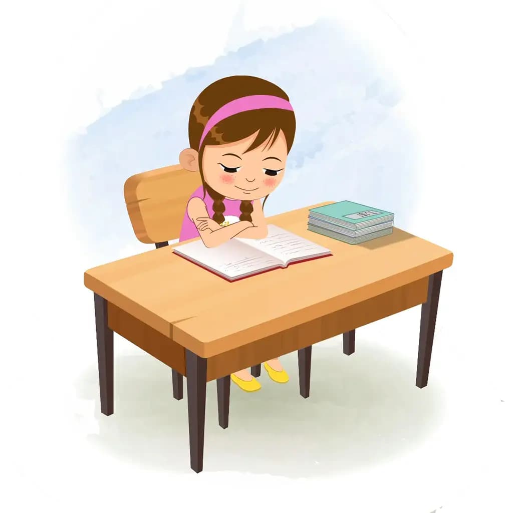 A pretty little girl reading a book and sitting on the table animated cartoon character aka kuhoo