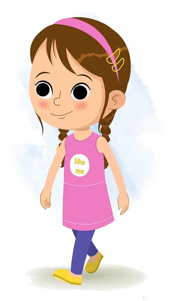 A pretty little girl 3/4 front view/three quarter view walking animated cartoon character aka kuhoo 3/4