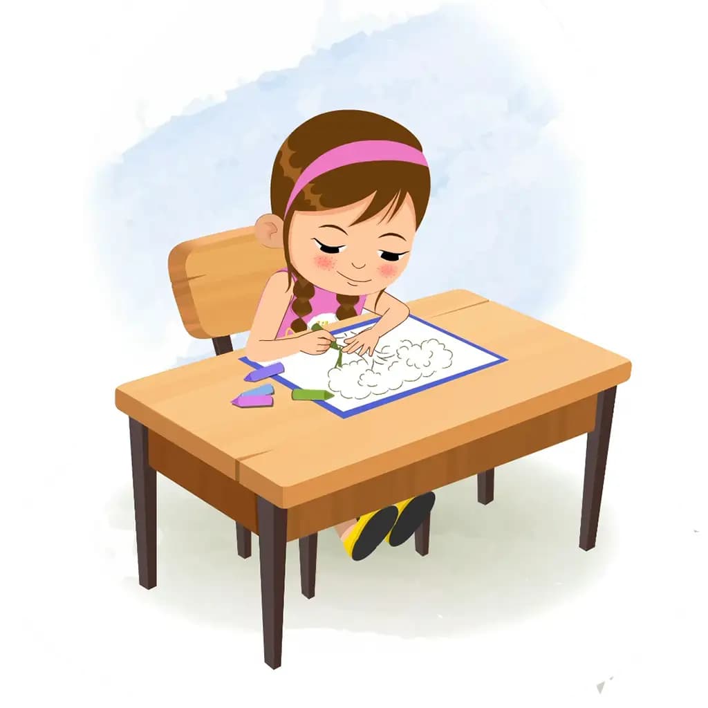 A pretty little girl is sitting at a table with some crayons and colouring on the paper aka kuhoo