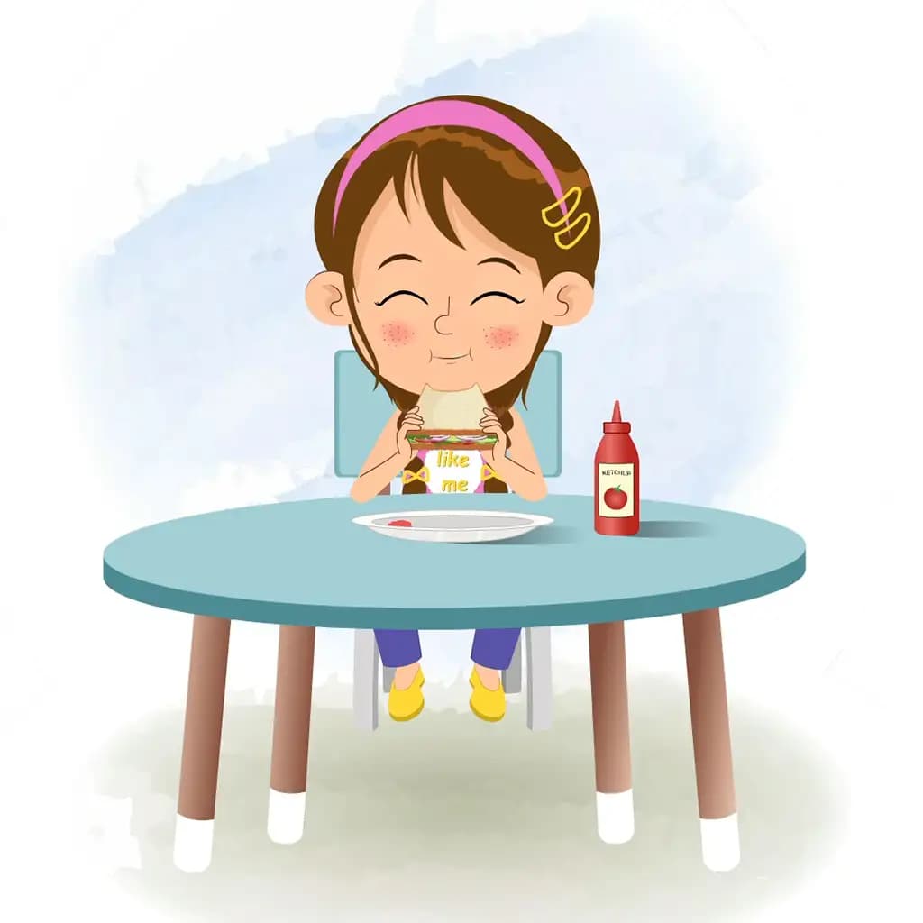 A pretty little girl animated cartoon character sitting at a table and eating a sandwich aka kuhoo