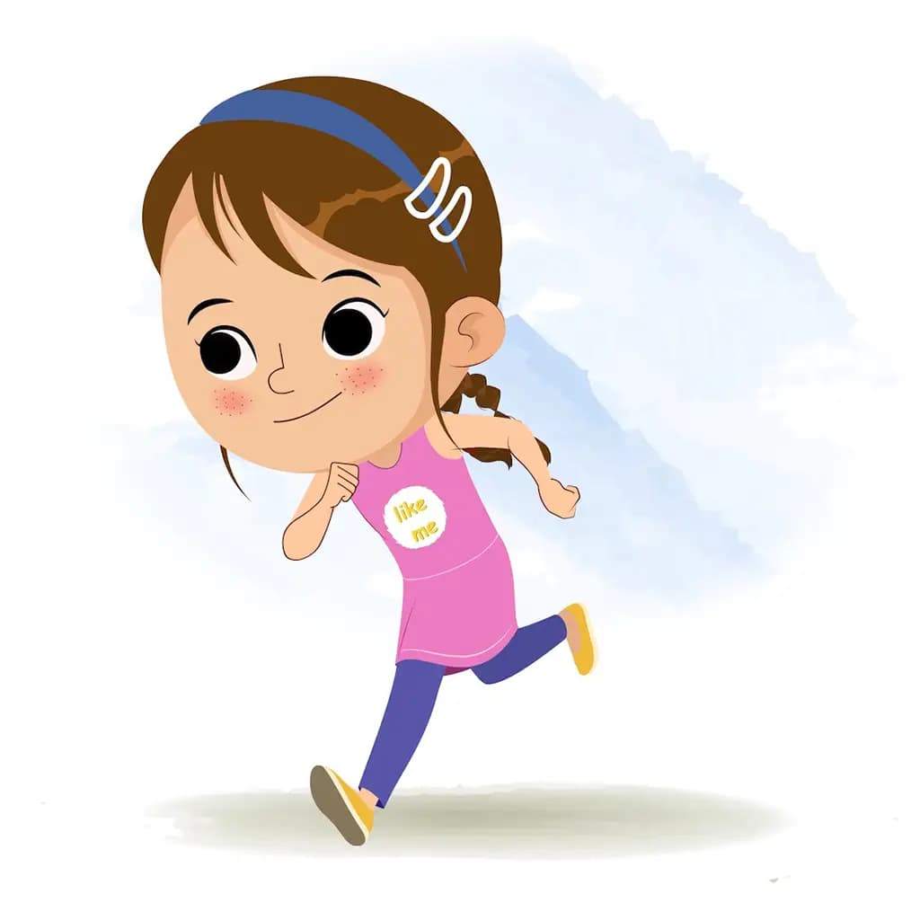 A pretty little girl running three quarter view animated cartoon character aka kuhoo