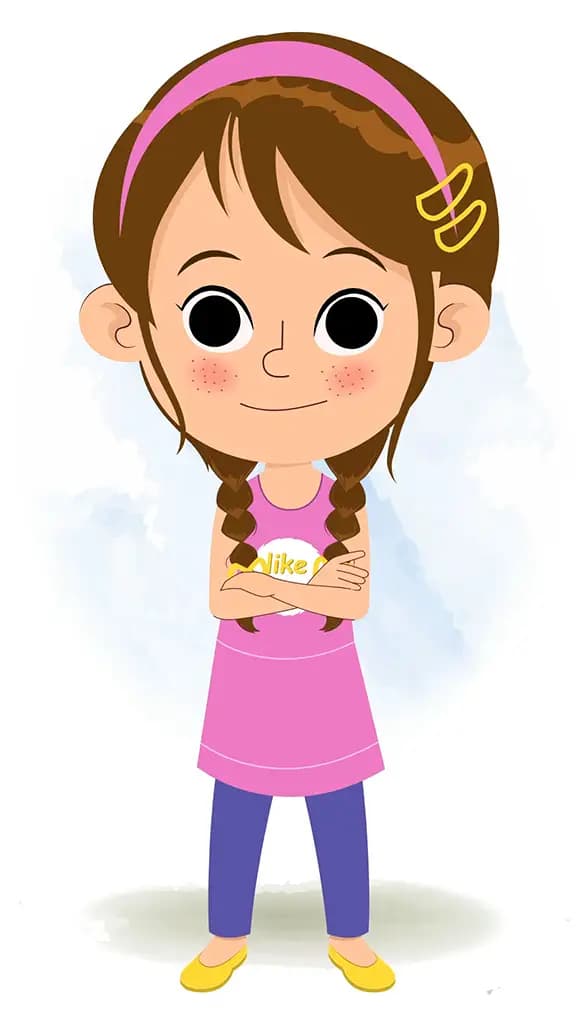 A pretty little girl standing with cross hand and talking animated cartoon character aka kuhoo