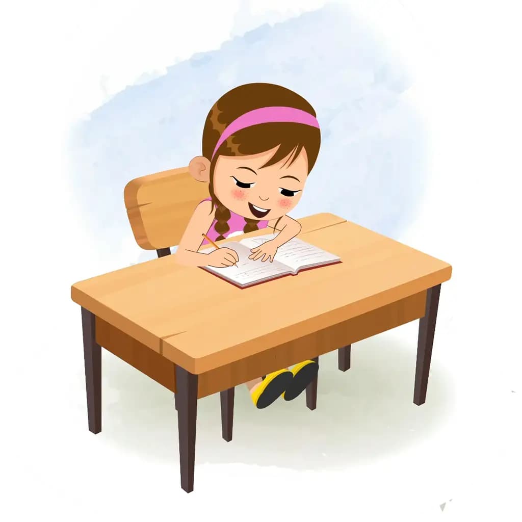A pretty little girl doing homework and sitting on the table animated cartoon character aka kuhoo
