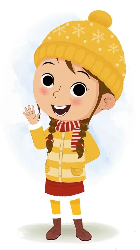 A cute girl in winter clothes saying hello animated cartoon character aka nancy