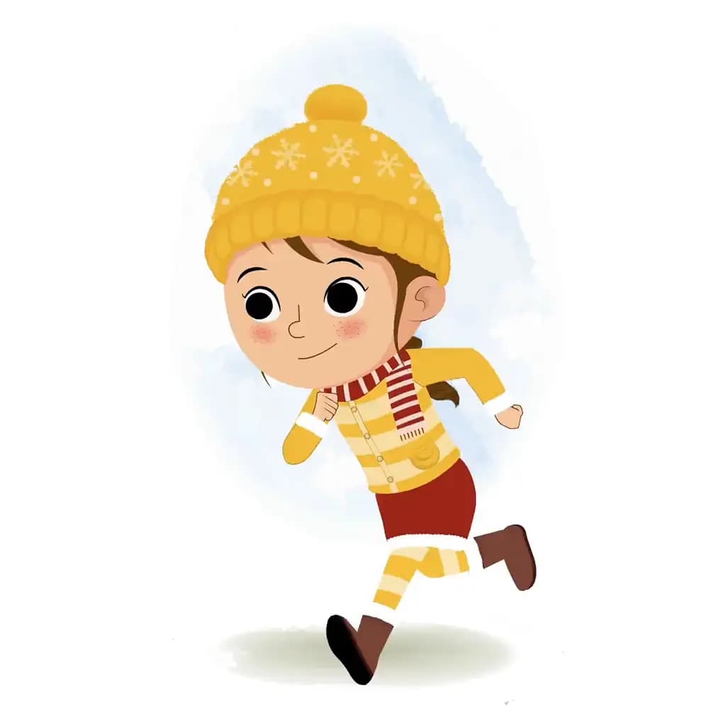 A cute girl in winter clothes running three quarter view animated cartoon character aka nancy