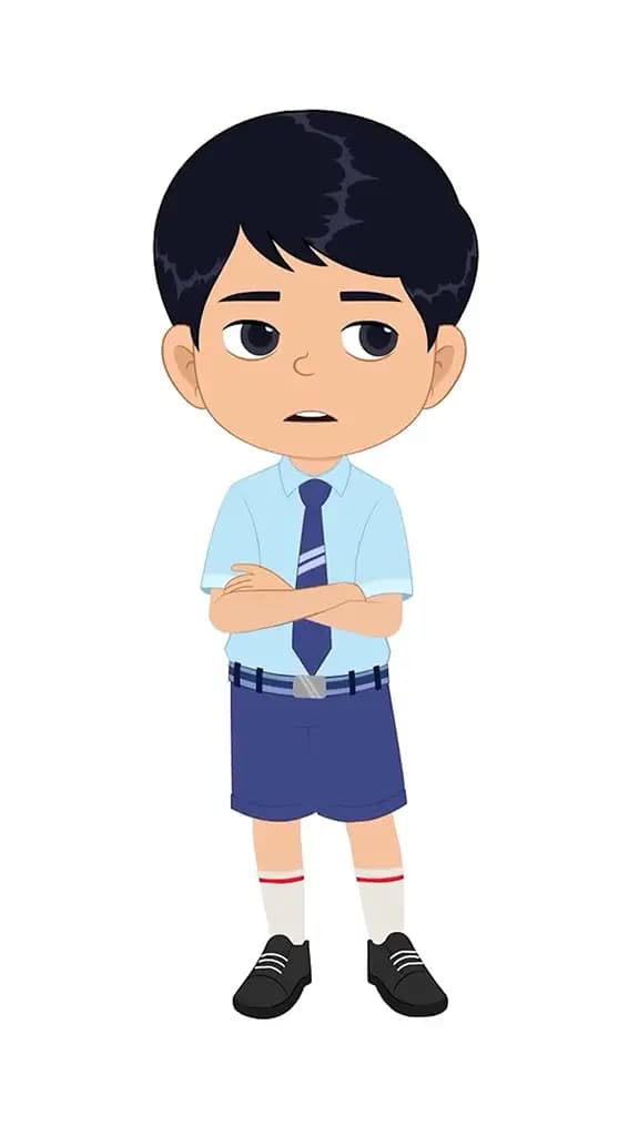 An annoyed indian school boy animated cartoon character aka ishaan