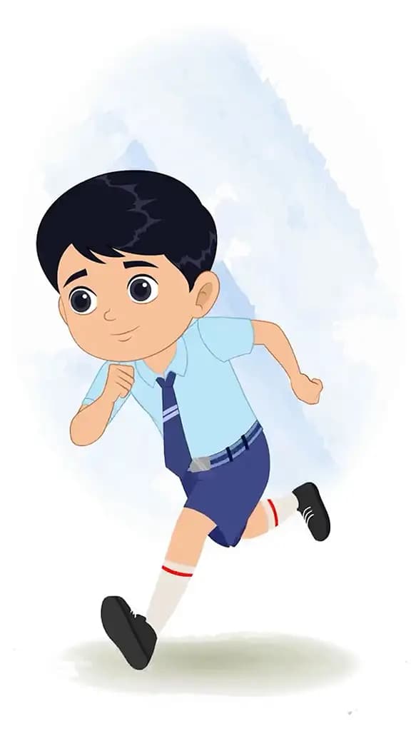 An Indian school boy running three quarter view animated cartoon character. An Indian school boy three quater view running cartoon aka ishaan