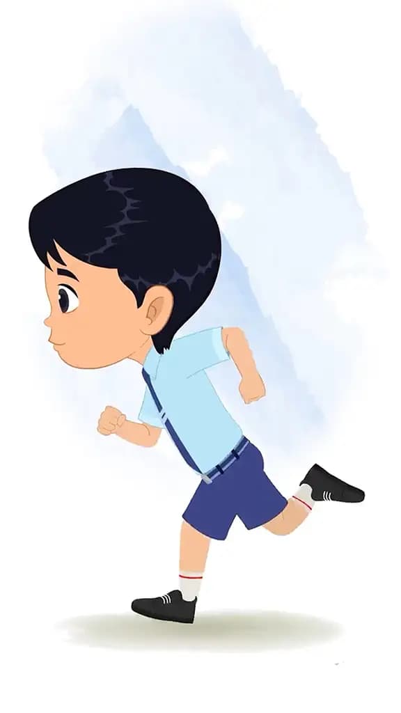 An Indian school boy running fast side view animated cartoon character aka ishaan
