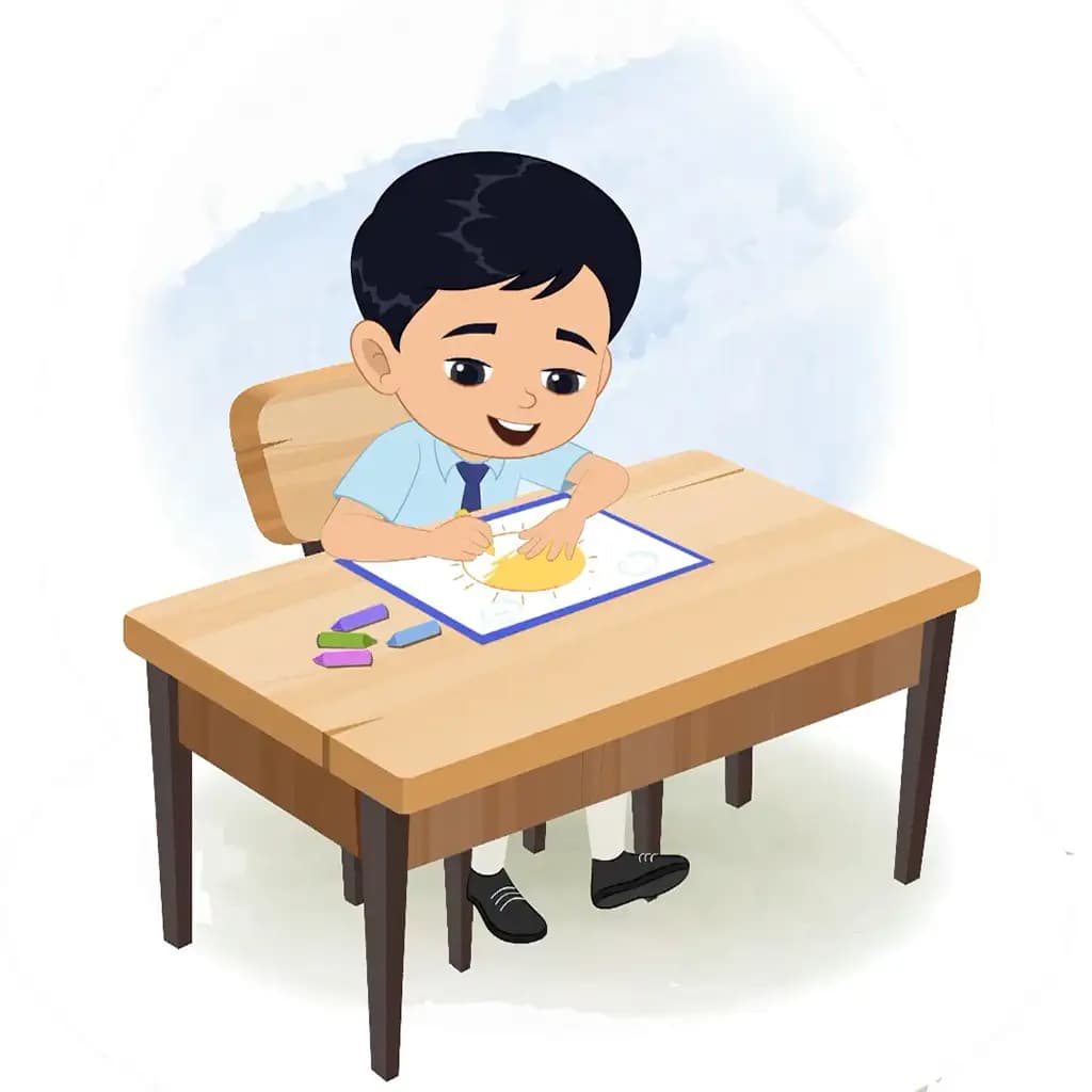An Indian school boy is sitting at a table with some crayons and coloring on the paper aka ishaan
