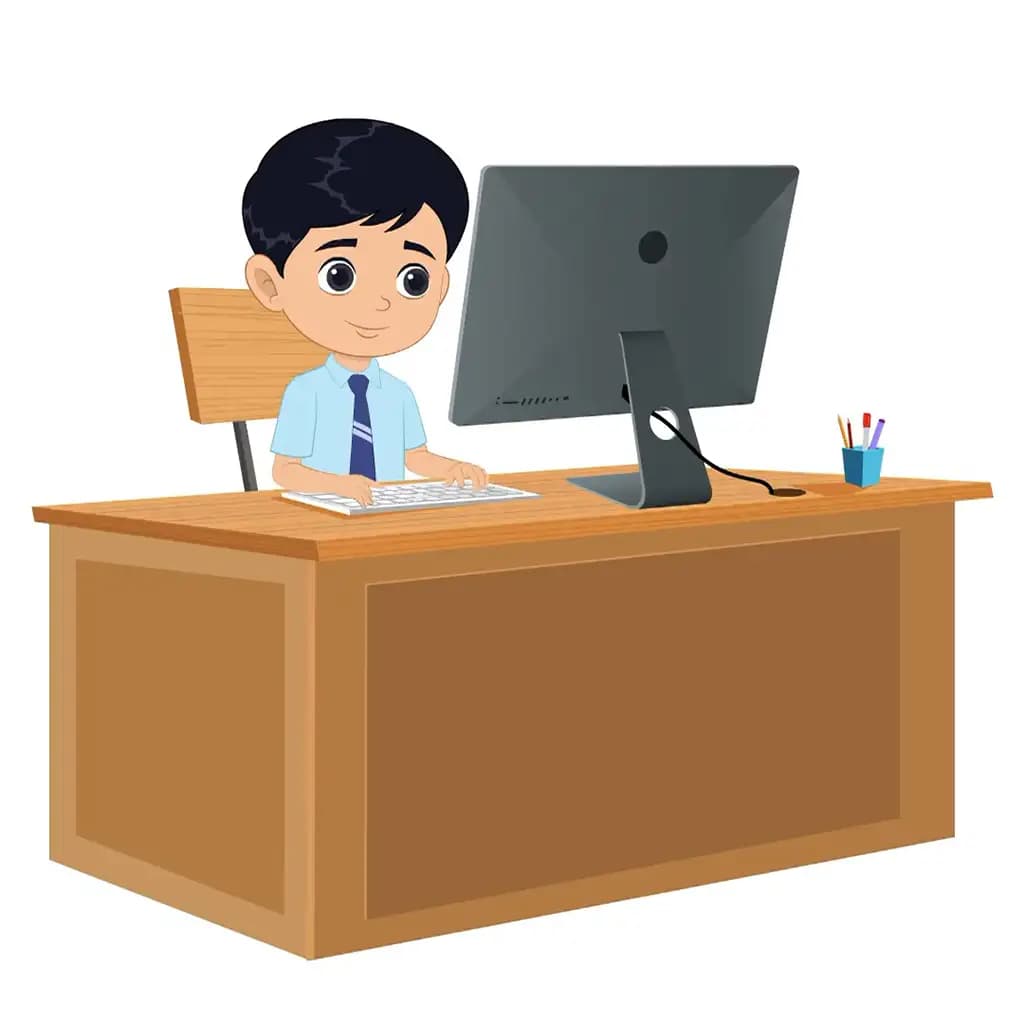 An Indian school boy animated cartoon character working on a computer aka ishaan