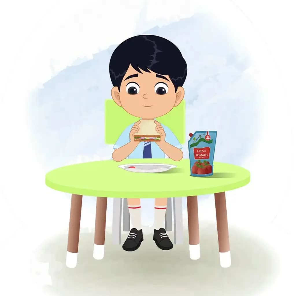 An Indian school boy animated cartoon character sitting at a table and eating a sandwich aka ishaan