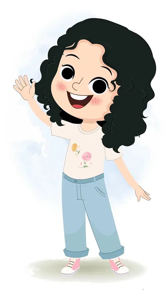 A curly hair girl saying hello animated cartoon character aka rita