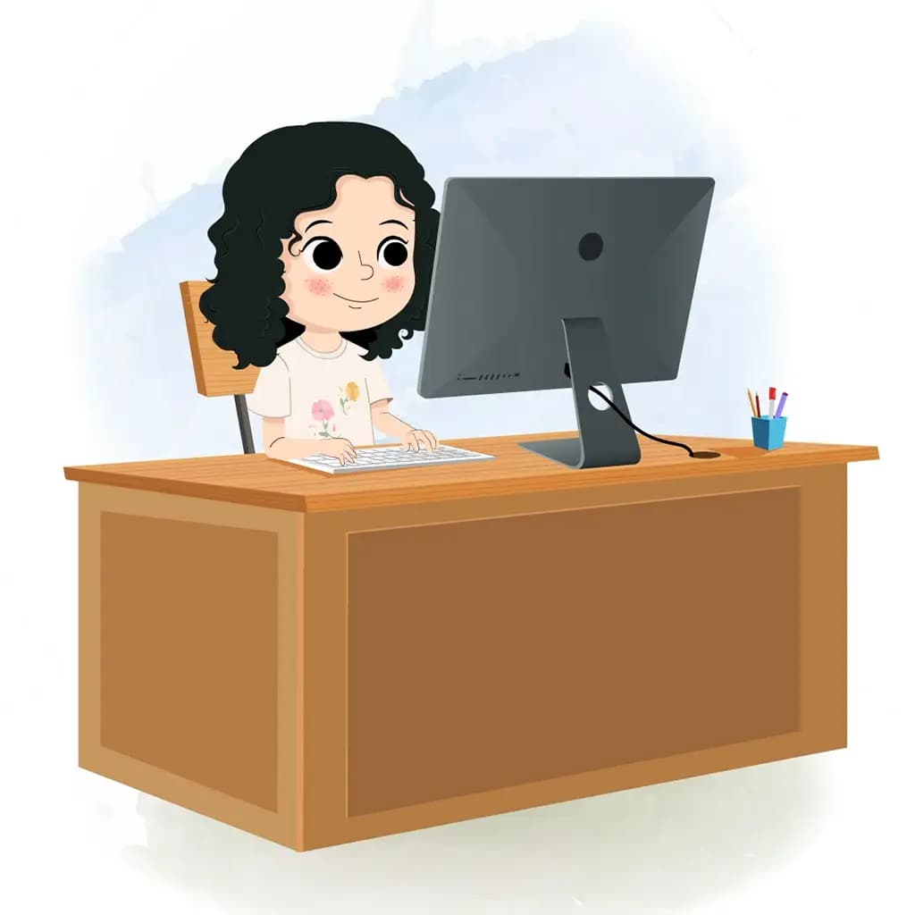 A curly hair girl animated cartoon character working on a computer aka rita