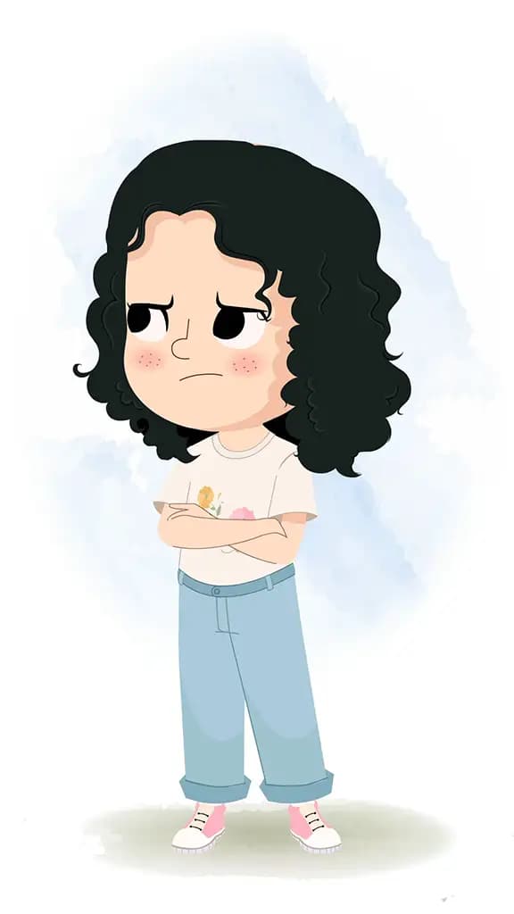An annoyed curly hair girl animated cartoon character aka rita 3/4
