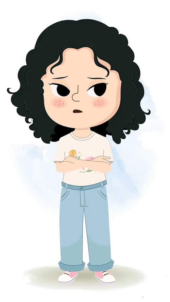A curly hair girl standing with cross hand and talking animated cartoon character aka rita