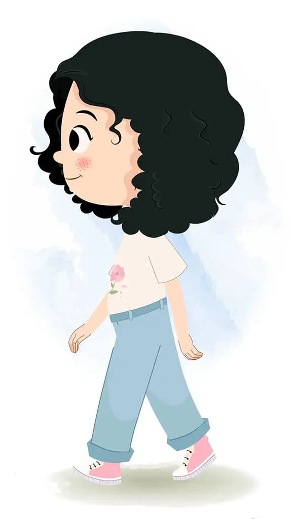 A curly hair girl walking side view animated cartoon character aka rita