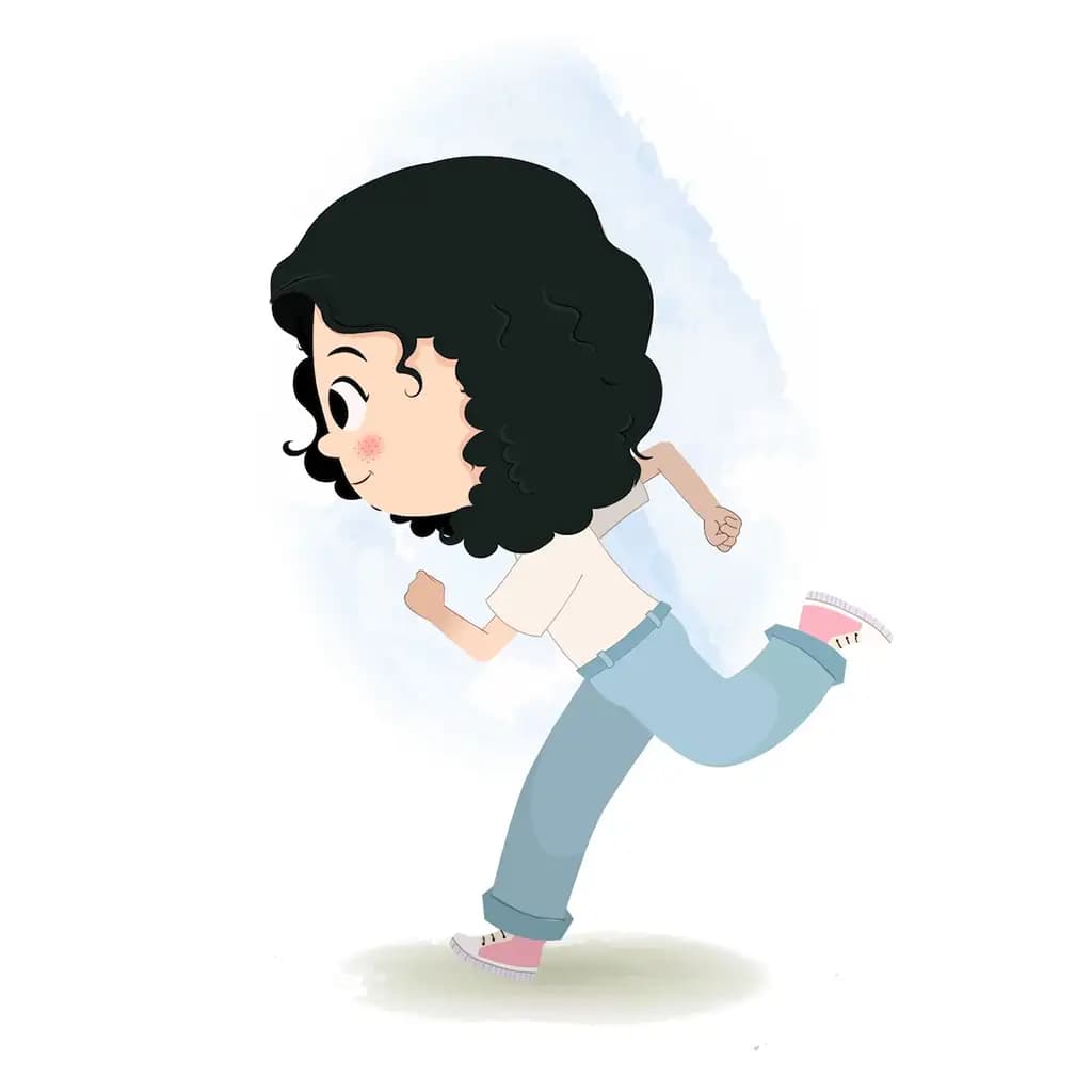 A curly hair girl running fast side view animated cartoon character aka rita