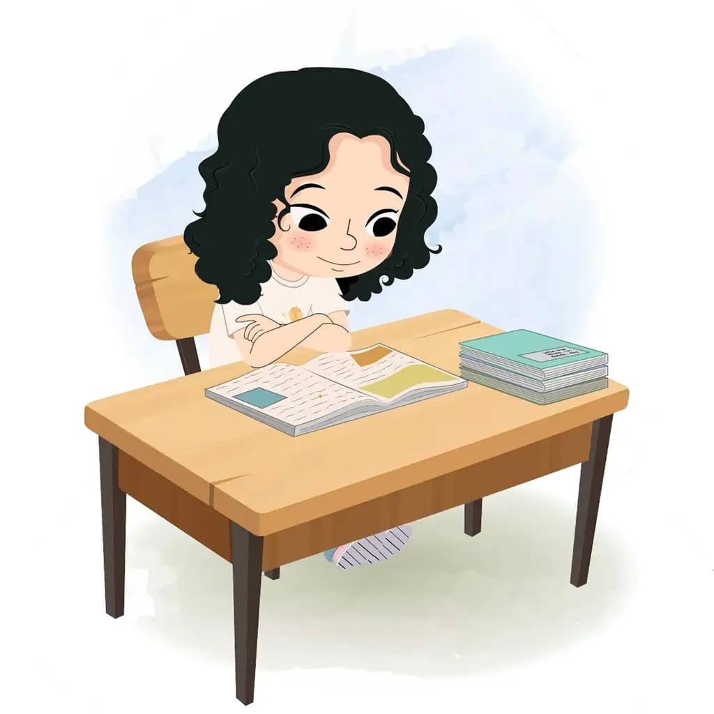 A curly hair girl reading a book and sitting on the table animated cartoon character aka rita