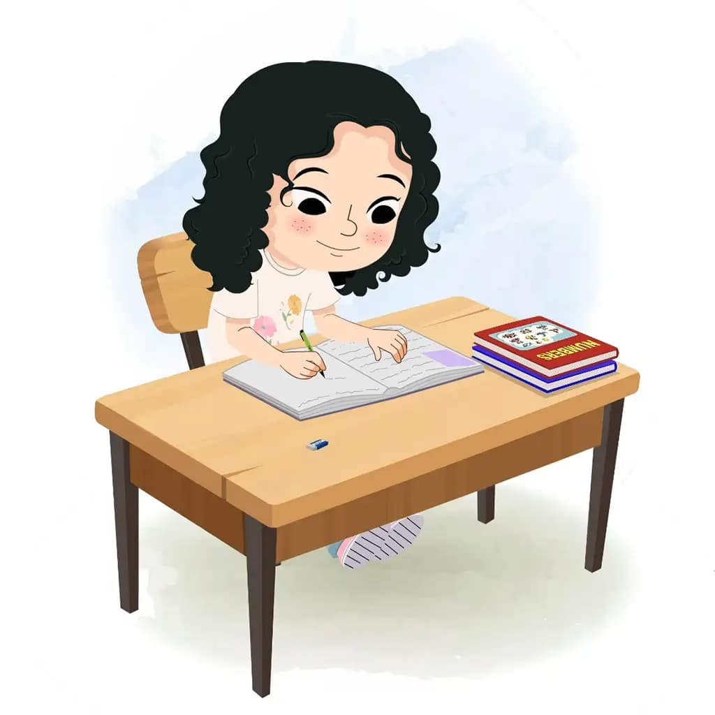 A curly hair girl doing homework and sitting on the table animated cartoon character aka rita