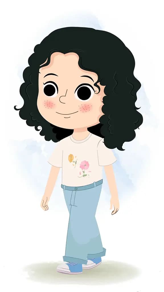 A curly hair girl 3/4 front view/three quarter view walking animated cartoon character aka rita