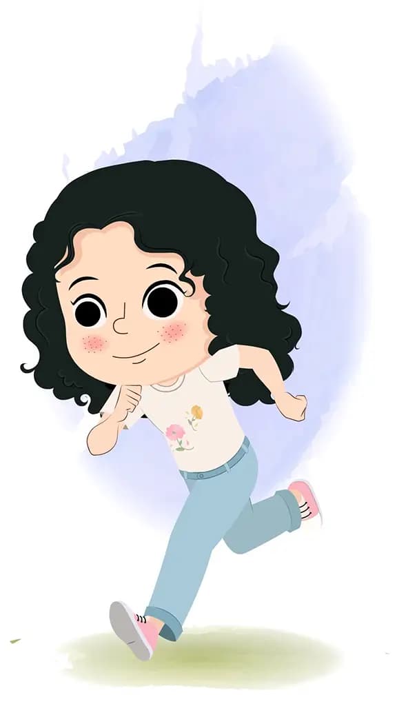 A curly hair girl running three quarter view animated cartoon character aka rita