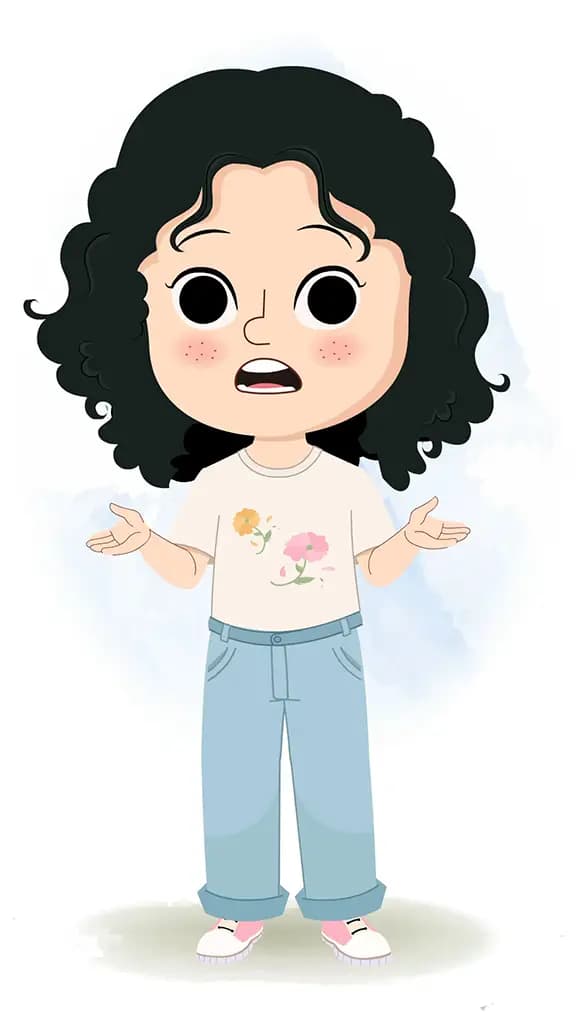 A curly hair girl talking animated cartoon character aka rita