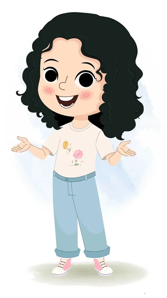 A curly hair girl talking animated cartoon character aka rita 3/4