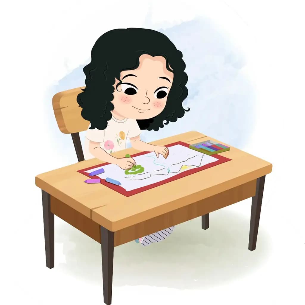 A curly hair girl is sitting at a table with some crayons and coloring on the paper aka rita
