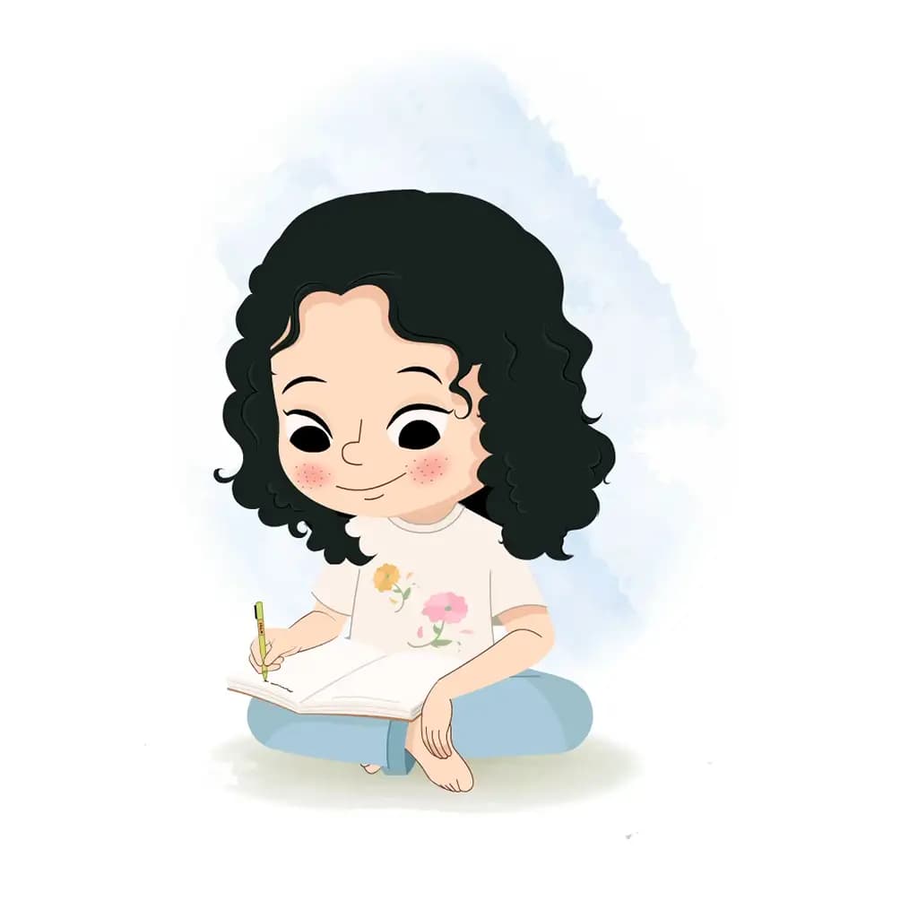 A curly hair girl doing homework and sitting on land animated cartoon character aka rita