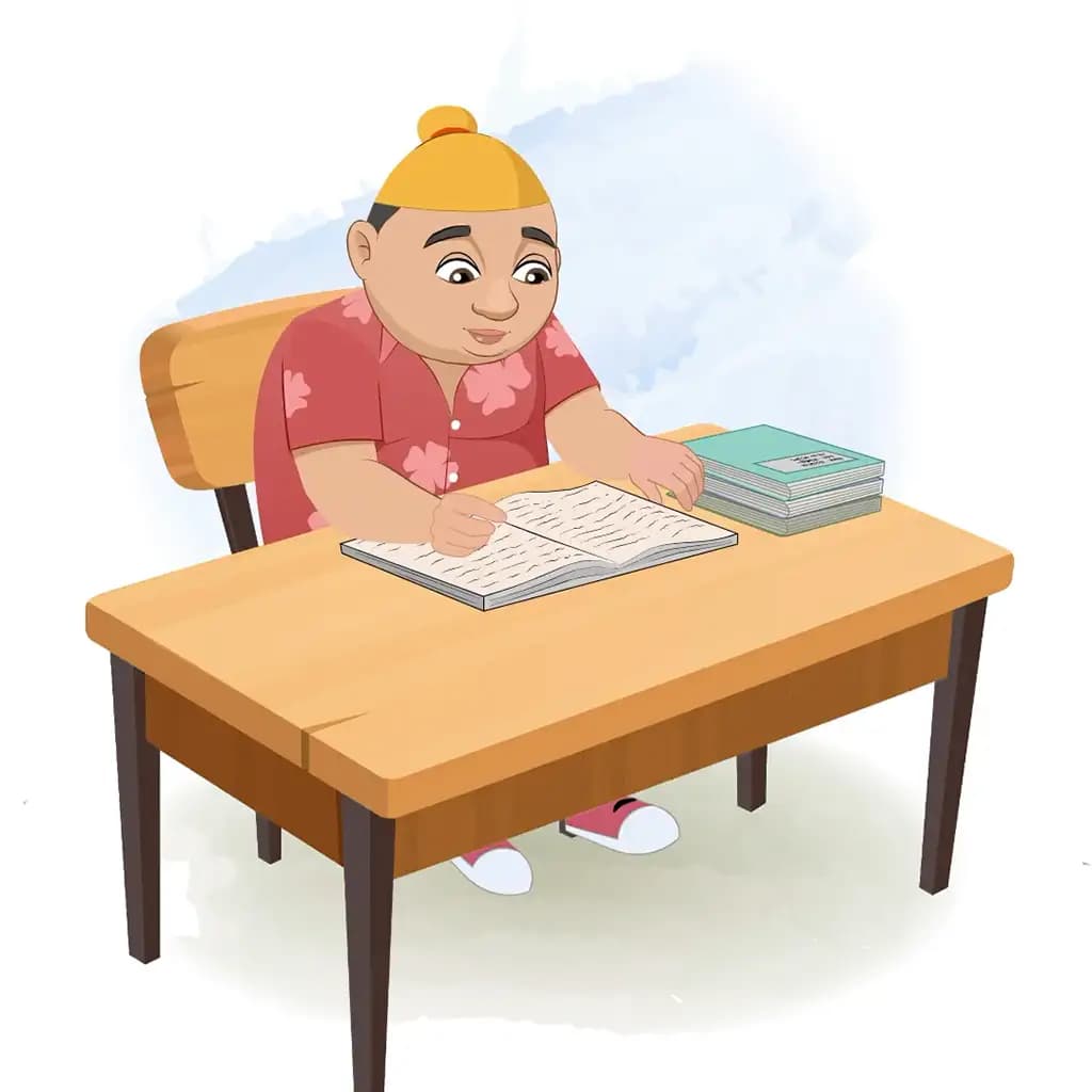 A punjabi boy reading a book and sitting on the table animated cartoon character aka pappe