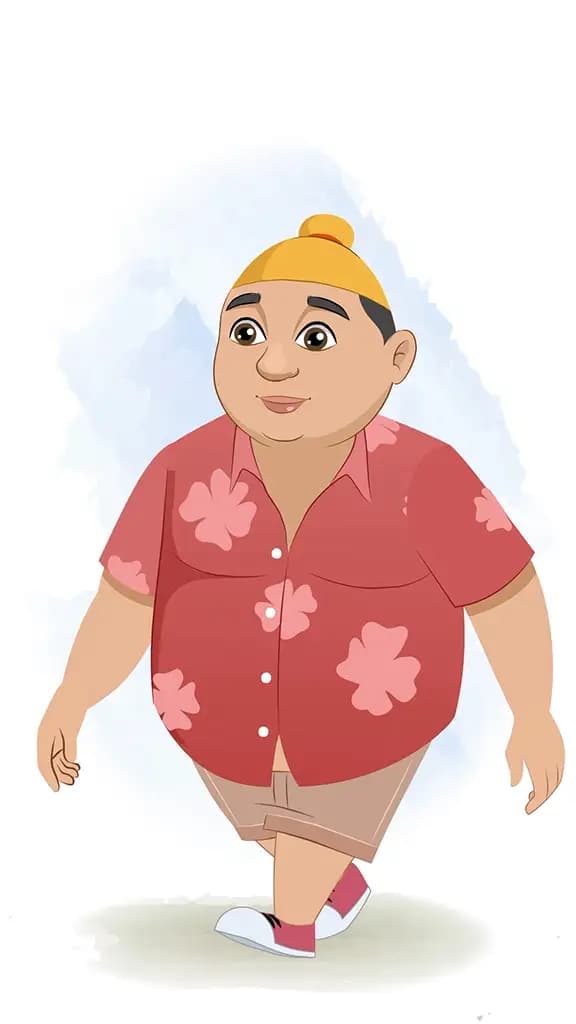 A punjabi boy 3/4 front view/three quarter view walking animated cartoon character aka pappe 3/4