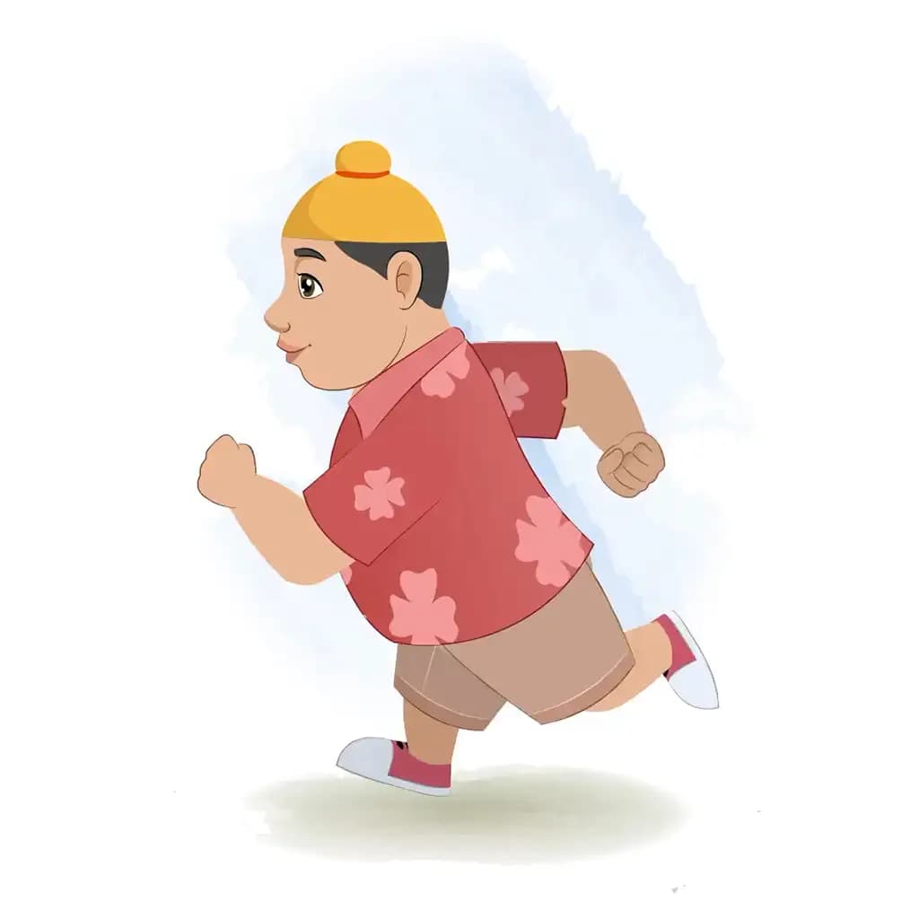 A punjabi boy running fast side view animated cartoon character aka pappe