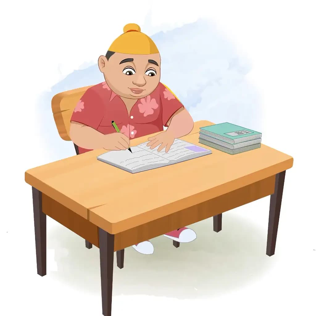 A punjabi boy doing homework and sitting on the table animated cartoon character aka pappe