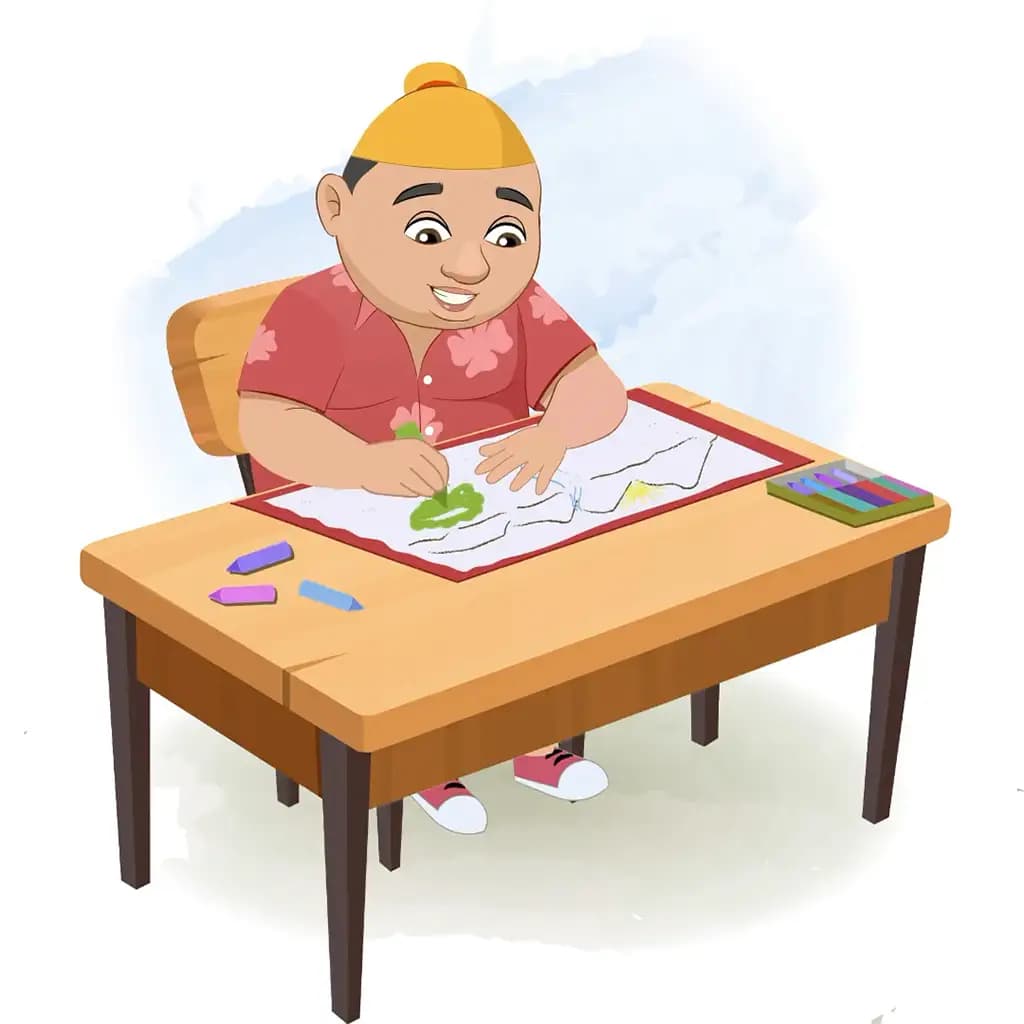 A punjabi boy is sitting at a table with some crayons and colouring on the paper aka pappe
