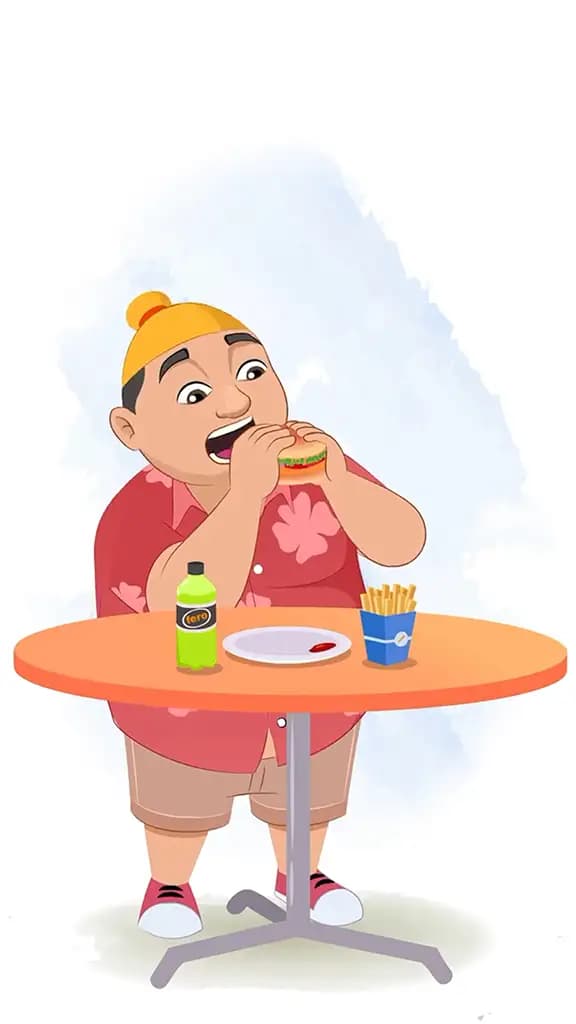 A punjabi boy animated cartoon character sitting at a table and eating a hot dog aka pappe
