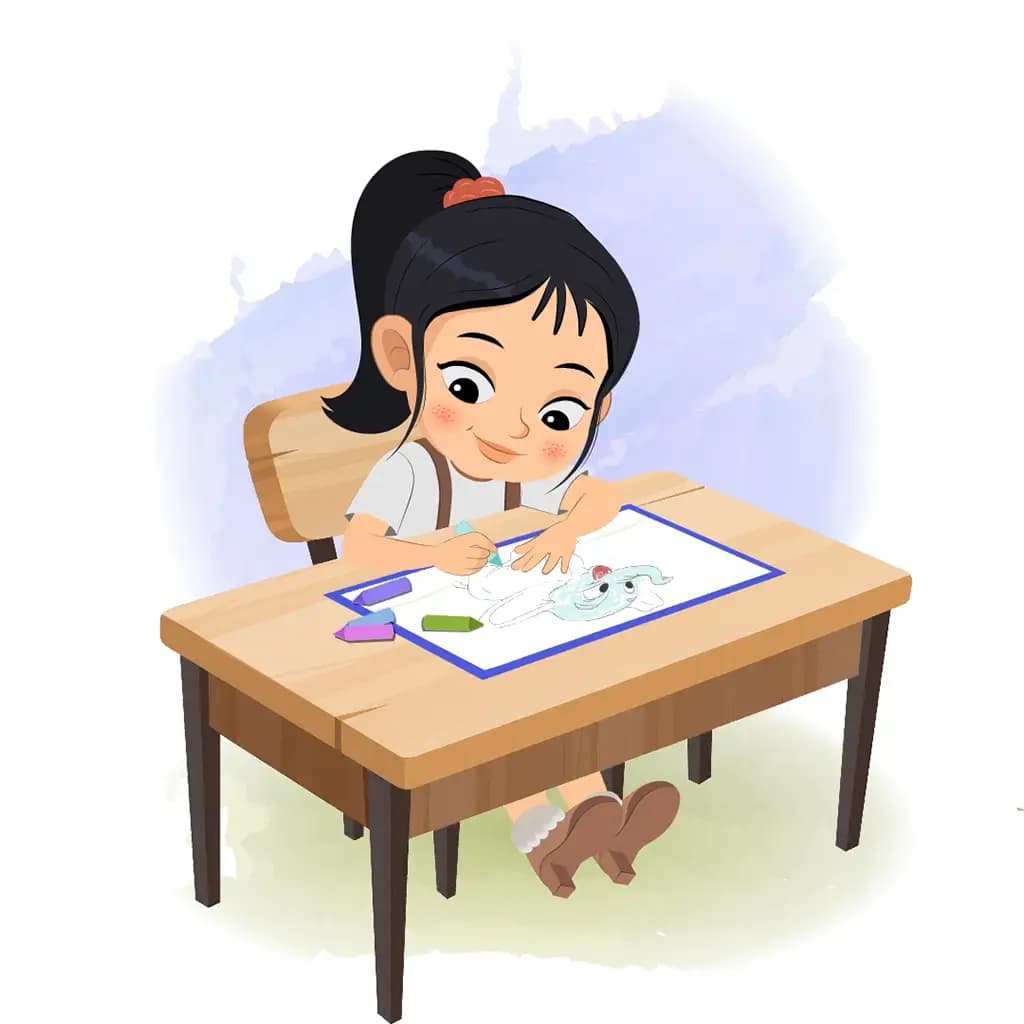 A girl is sitting at a table with some crayons and coloring on the paper aka lily