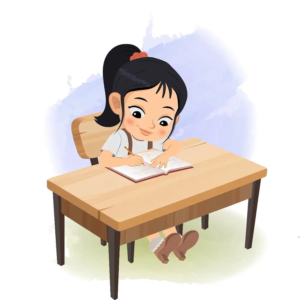 A girl doing homework and sitting on the table animated cartoon character aka lily