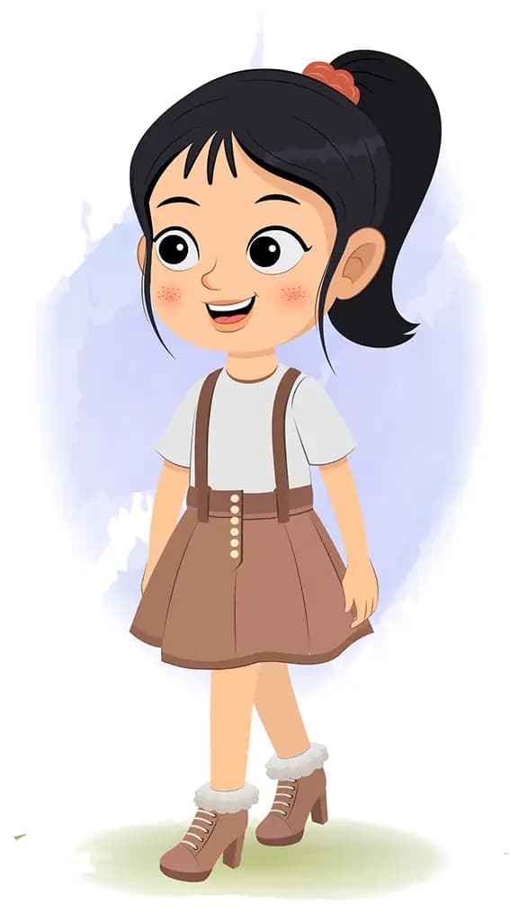 A girl 3/4 front view/three quarter view walking animated cartoon character aka lily