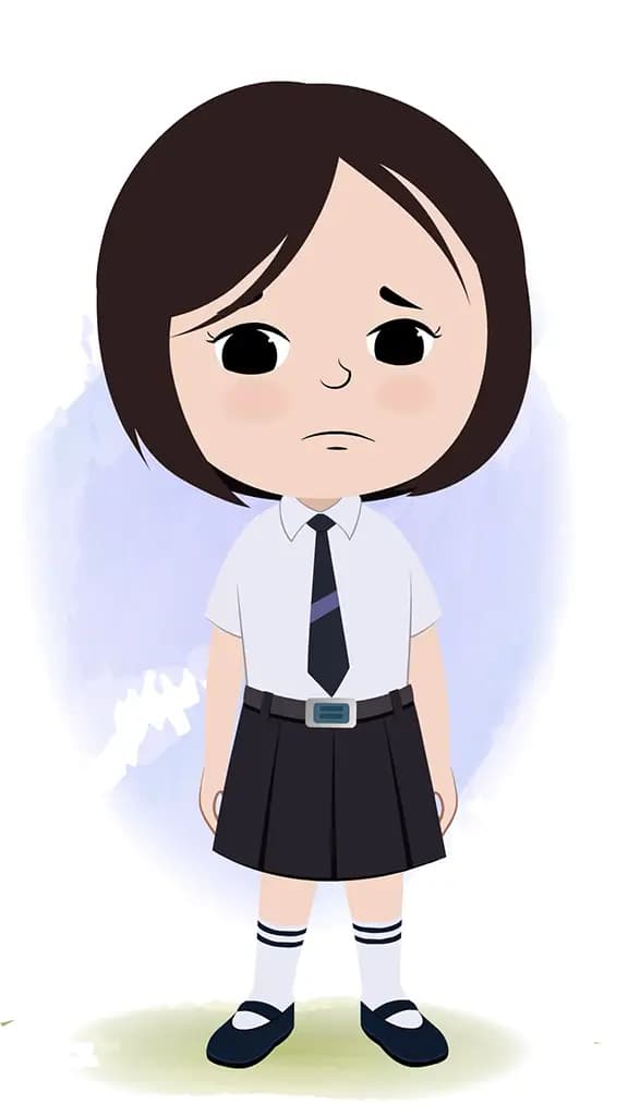 A cute little sad school girl animated cartoon character aka tia