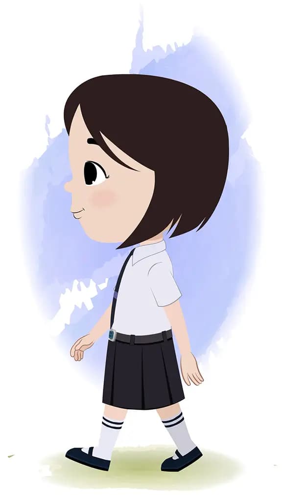 A cute little school girl walking side view animated cartoon character aka tia