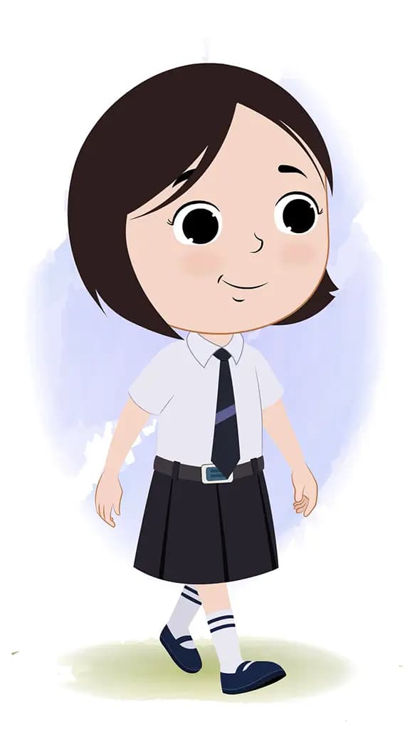 A cute little school girl 3/4 front view/three quarter view walking animated cartoon character aka tia 3/4