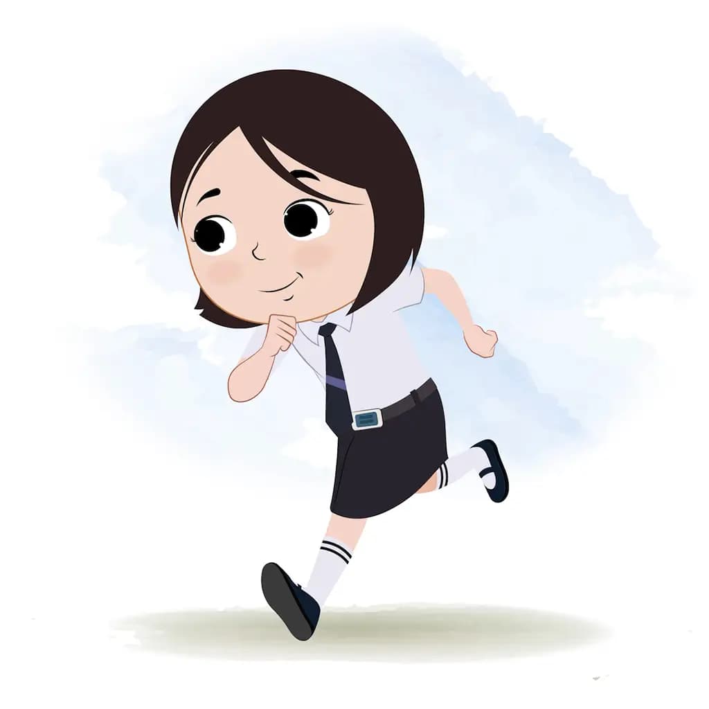 A cute little school girl running three quarter view animated cartoon character aka tia