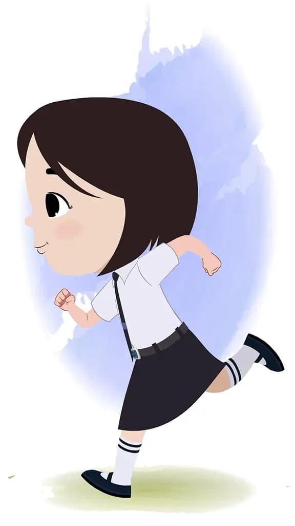 A cute little school girl running fast side view animated cartoon character aka tia