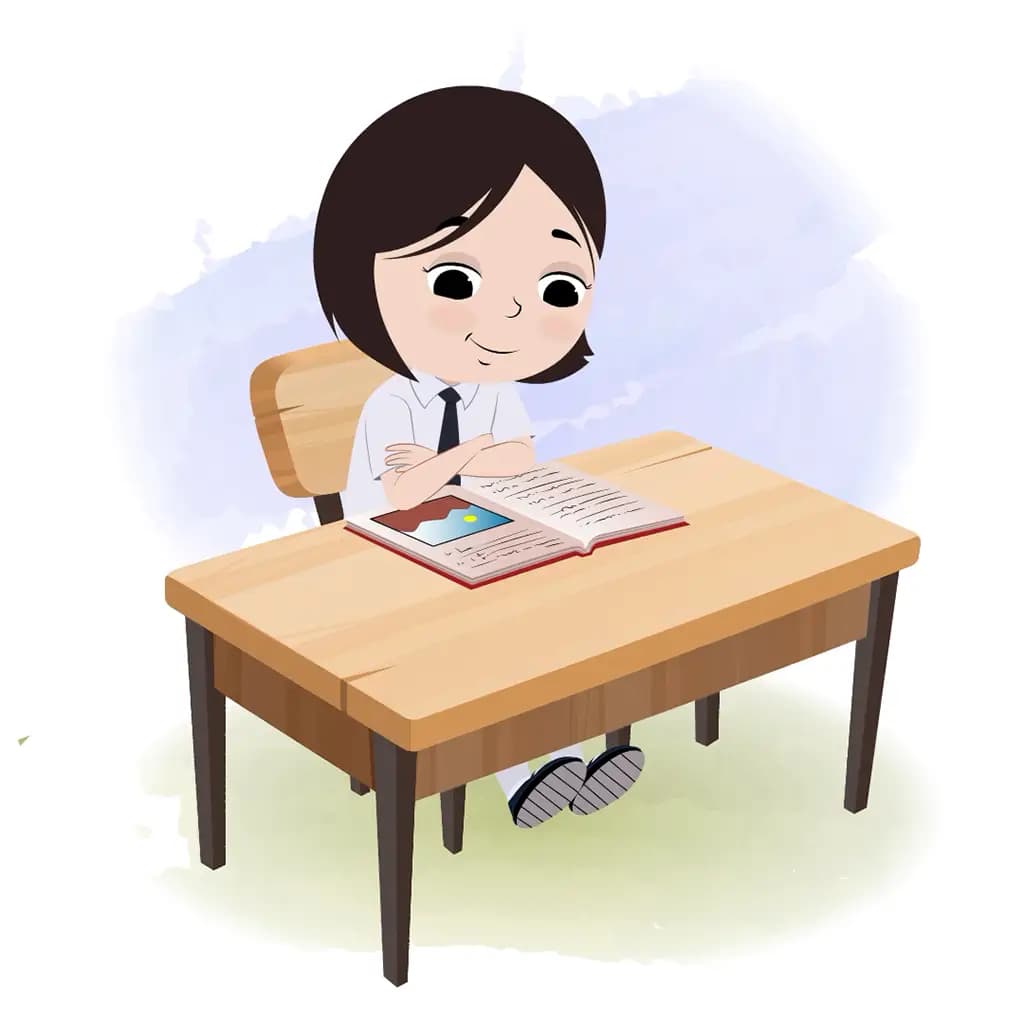 A cute little school girl reading a book and sitting on the table animated cartoon character aka tia