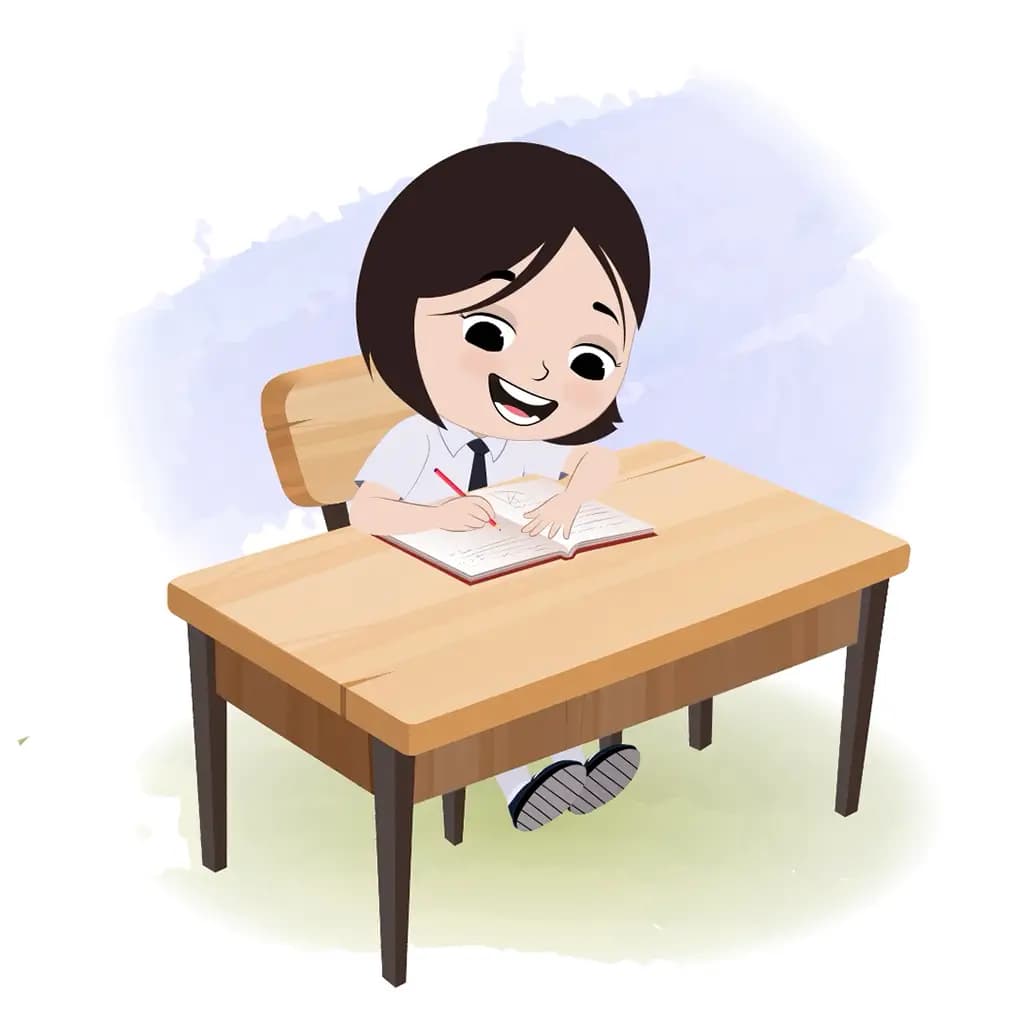 A cute little school girl doing homework and sitting on the table animated cartoon character aka tia