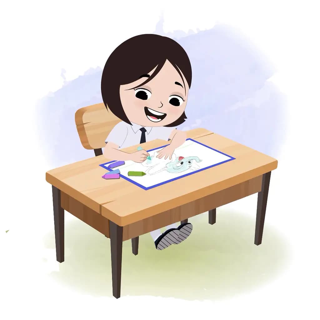 A cute little school girl is sitting at a table with some crayons and coloring on the paper aka tia