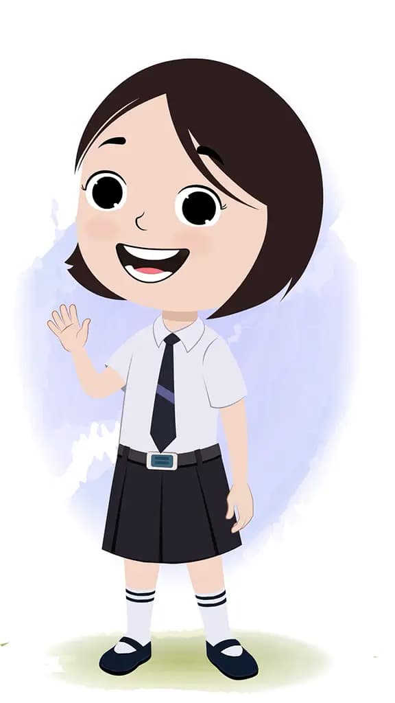 A cute little school girl saying hello animated cartoon character aka tia