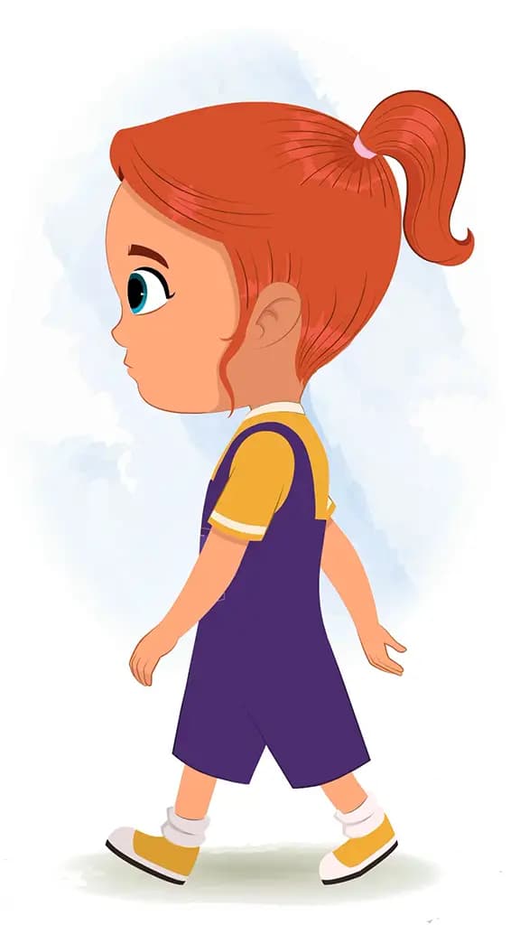 A cute little girl walking side view animated cartoon character aka ella