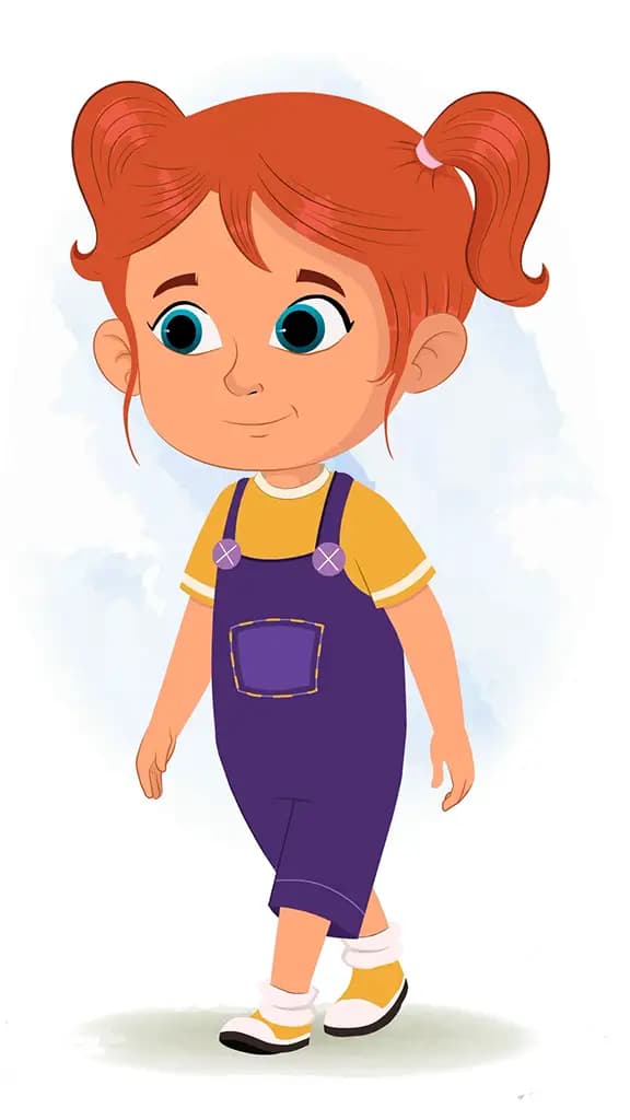 A cute little girl 3/4 front view/three quarter view walking animated cartoon character aka ella 3/4