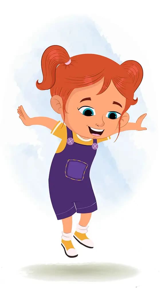 A happy little girl jumping animated cartoon character aka ella